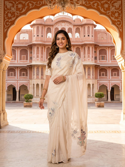 Ivory Flamingo Chanderi Sari