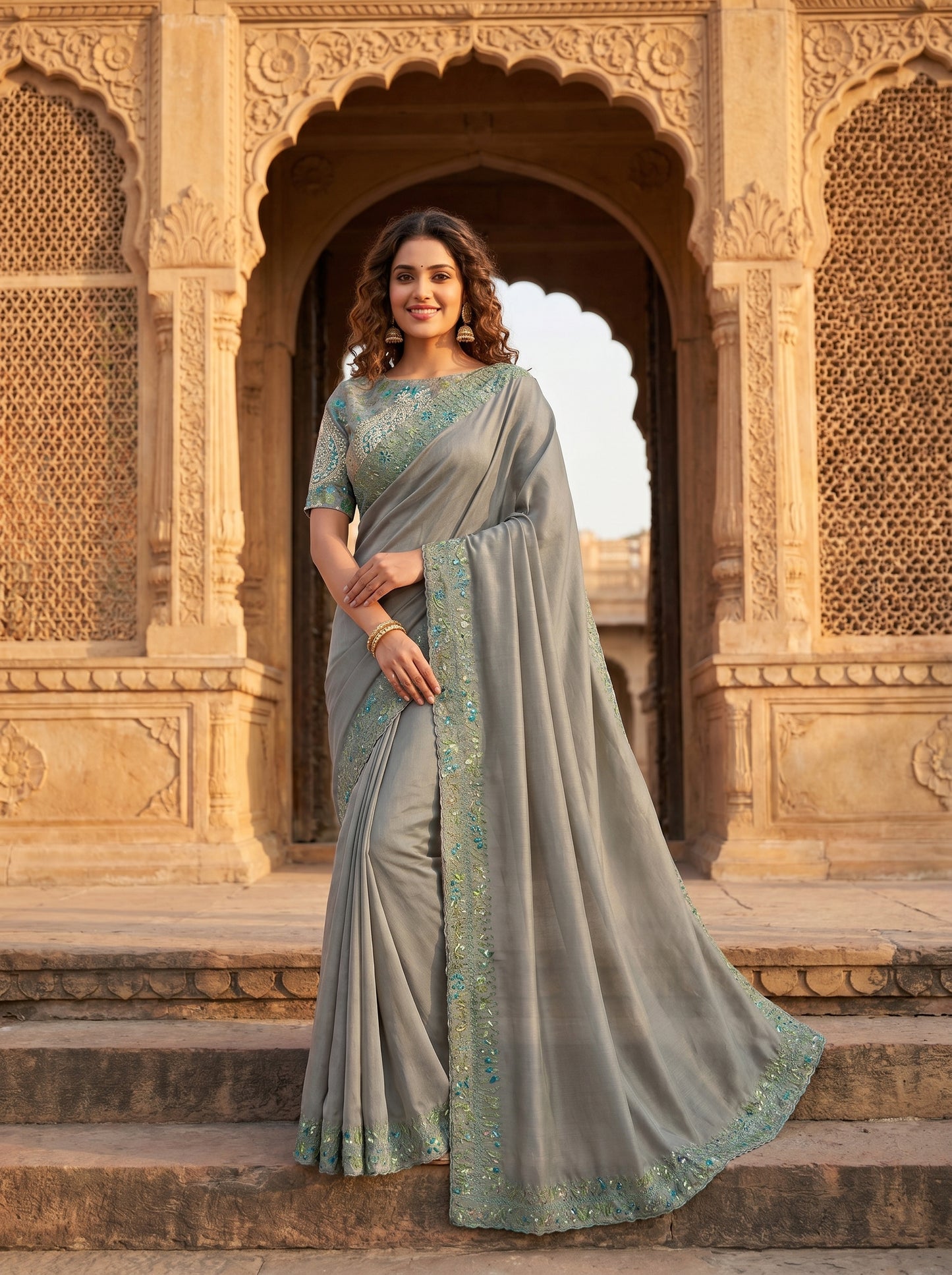 Sage Bloom Muslin Sari