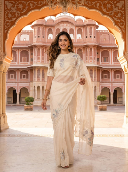 Ivory Flamingo Chanderi Sari