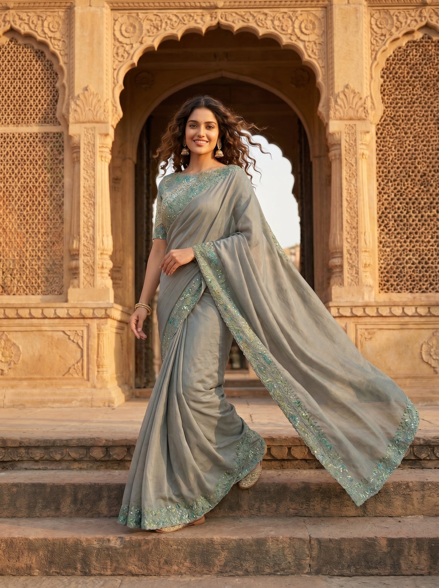 Sage Bloom Muslin Sari