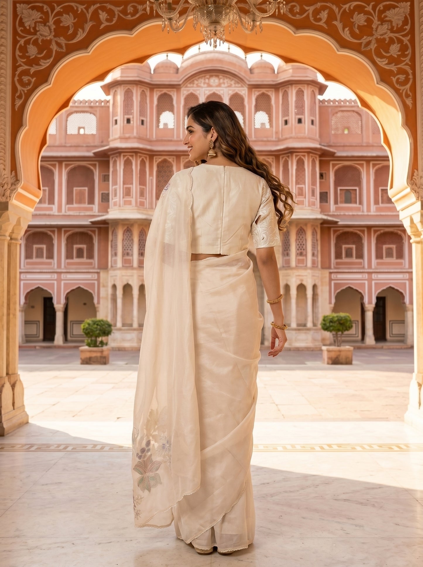 Ivory Flamingo Chanderi Sari