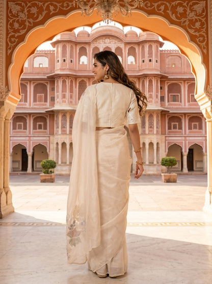 Ivory Flamingo Chanderi Sari