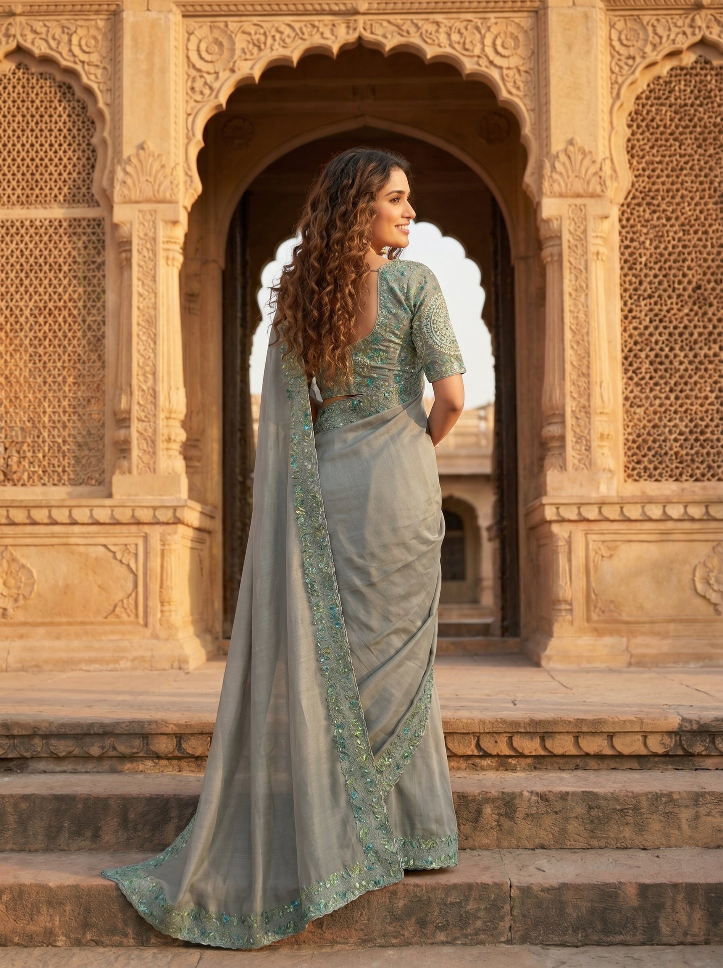 Sage Bloom Muslin Sari
