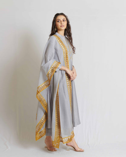 Steel Grey Pintuck Chanderi Long Kurta Set