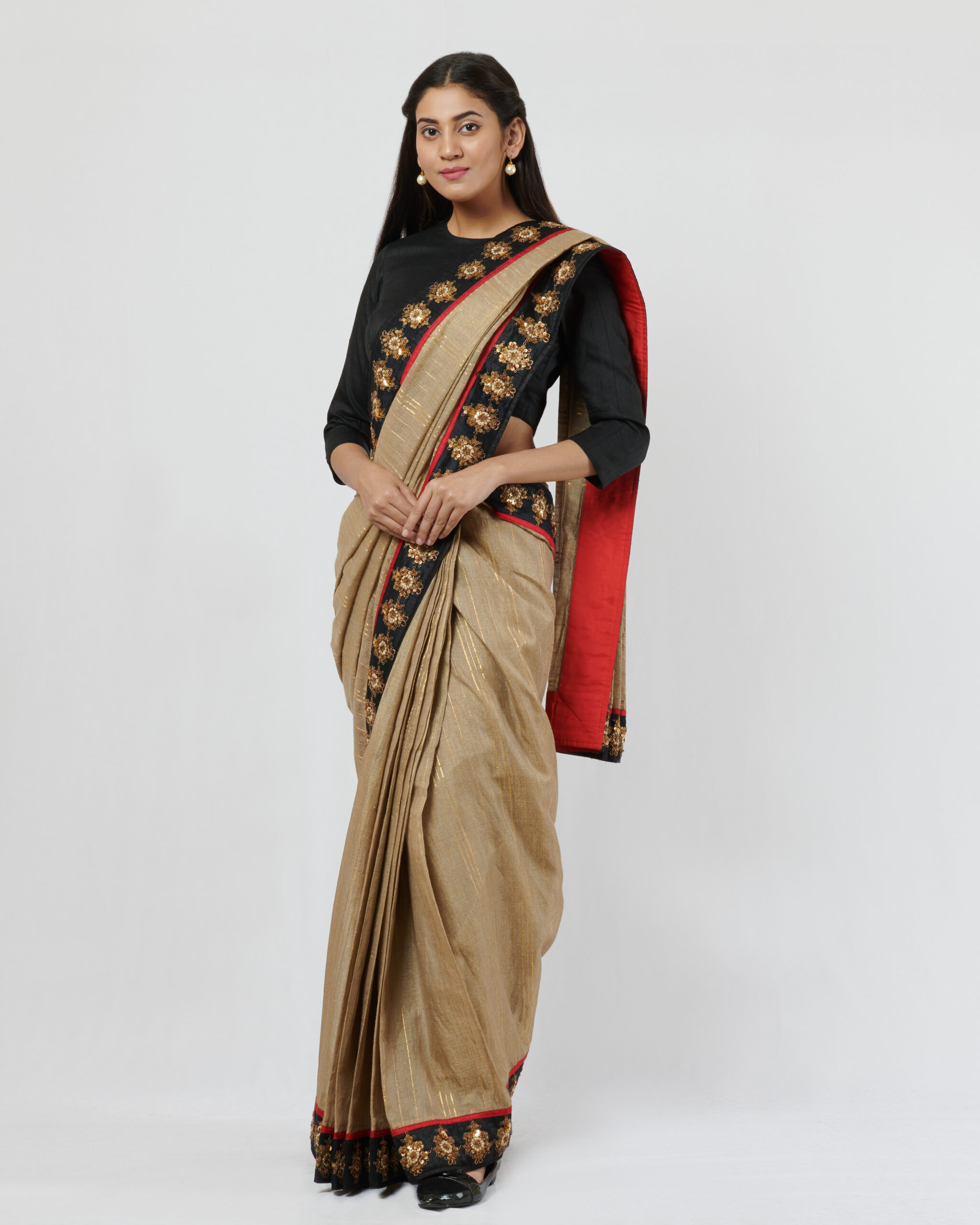 jute silk woven sari with dori and dabka hand embroidery border highlighted with woven gold lines