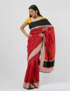 Red moonga silk sari adorned with multiple complementing borders and highlighted with dori embroidery border with metal sequins details
