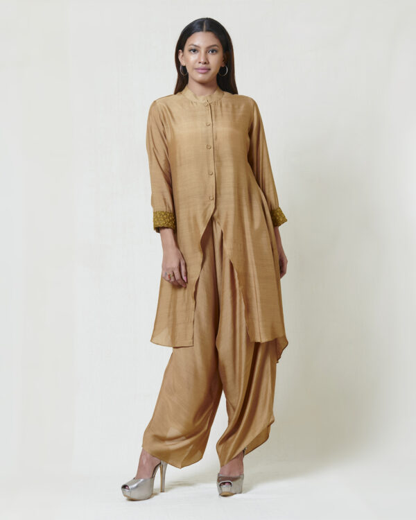 Gold champagne tunic with thread spring roses hand embroidered cuffs, paired with matching draped pants