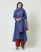Indigo blue kota cotton dupatta with red applique and cutwork border