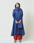 Indigo blue high low chanderi kurta with maroon shadow embroidery butis