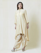 Deep beige asymmetric tunic with collar and cuff tonal thread hand embroidery. It comes along with a pair of draped pants.