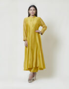 Golden yellow full sleeved centre slit kurta in chanderi with french knot and spring thread hand embroidery highlighted with glass beads. It comes along with a pair of pants
