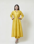 Golden yellow coat collar kurta in chanderi with hand thread and spring embroidery highlighted with glass beads
