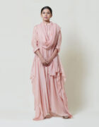 Vintage pink mul silk long tunic with asymmetric hemline, paired with matching drape pants. It is teamed with a zardozi embroidered kota dupatta