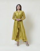 Dark olive crossover kurta in chanderi with tonal thread embroidered neckline. It comes along with a pair of pants.
