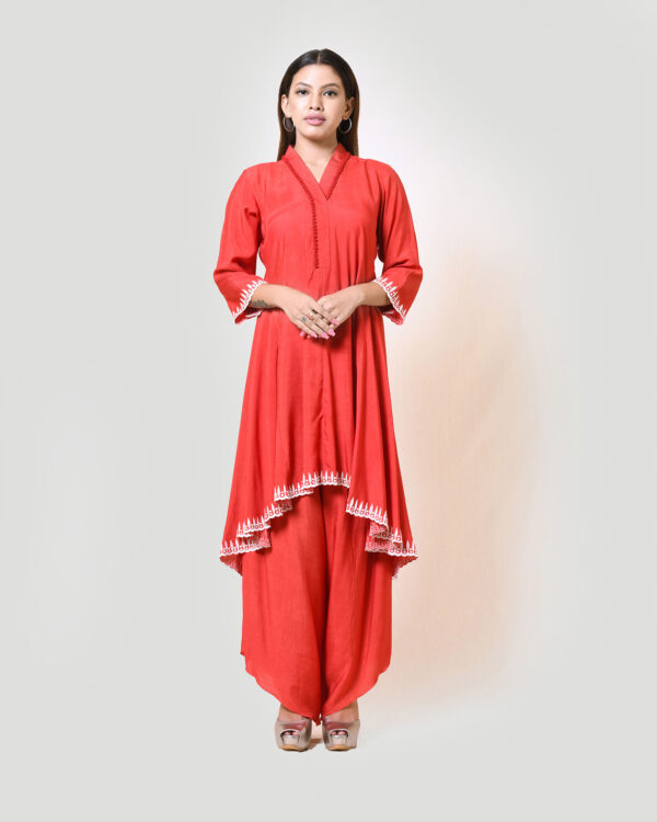 Chilli red highlow tunic with thread french knot hand embroidery and ivory applique and cutwork details