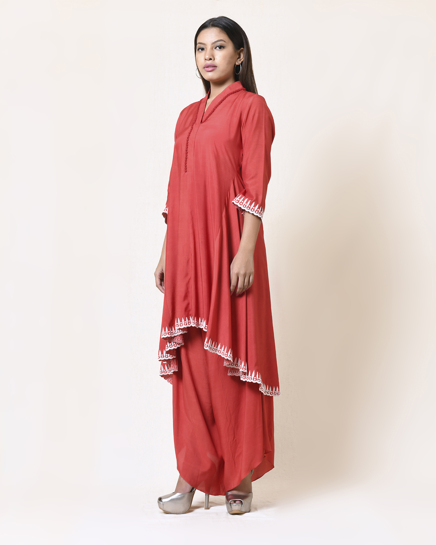 Chilli red highlow tunic with thread french knot hand embroidery and ivory applique and cutwork details