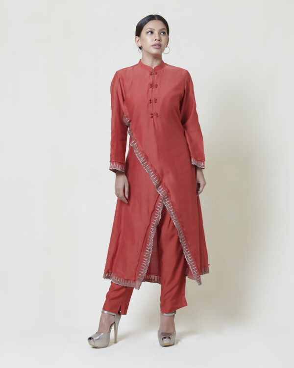 Kora chanderi chilli red crossover kurta layered in mul mul with grey tissue applique and cutwork detailing