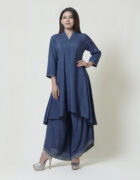 Indigo blue highlow tunic with hand thread embroidery detail at neckline