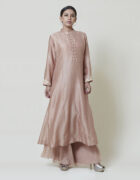 Soft pink long kurta in chanderi with thread and silver dabka zardozi embroidery cuffs and back of the kurta It comes along with a pair of crushed pants.