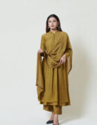 Gold champagne kora chanderi kurta layered in mulmul with applique and pleated yoke detail