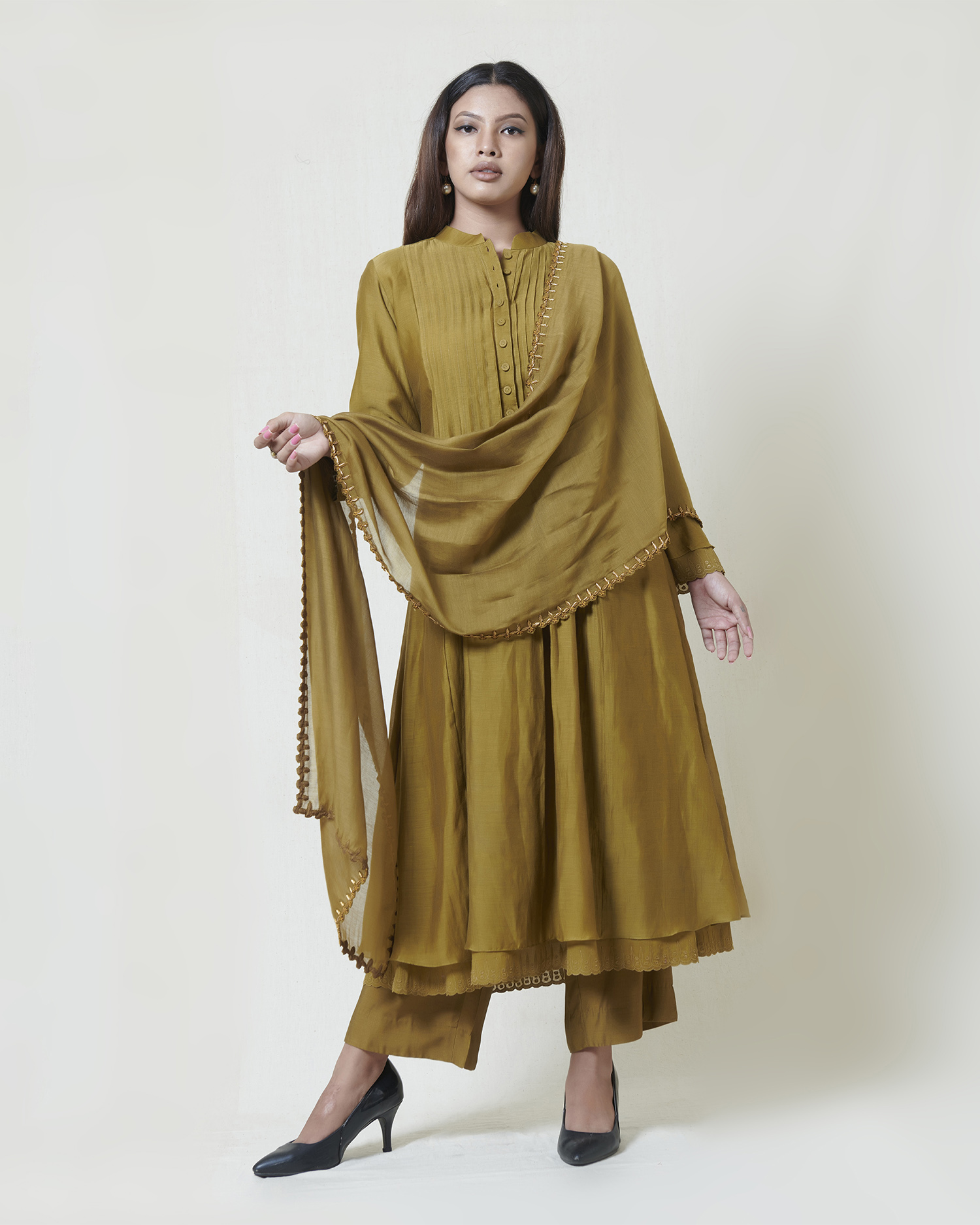 Gold champagne kora chanderi kurta layered in mulmul with applique and pleated yoke detail