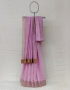 Lavender kora chanderi sari with an Organza border with tissue applique and hand thread embroidery details