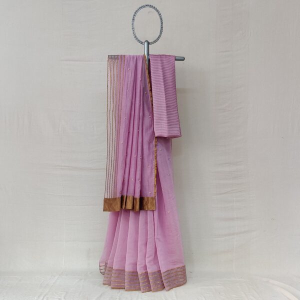 Lavender kora chanderi sari with an Organza border with tissue applique and hand thread embroidery details