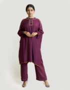 wine spun silk box fit top with straight pant