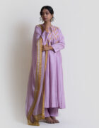Lavender chanderi pintuck kalidar kurta with kota cotton dupatta and pant set