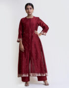 Maroon chanderi kurta with hand crafted potlis and tissue applique organza details with pant set