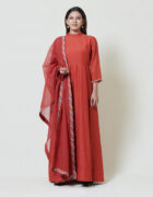 Red kota cotton dupatta with multi thread parsi gara hand embroidery border