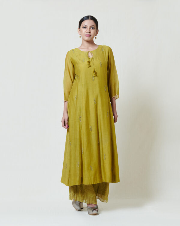 Olive A line long kurta in kora chanderi with thread hand embroidery butis
