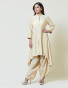 Deep beige asymmetric tunic with collar and cuff tonal thread hand embroidery