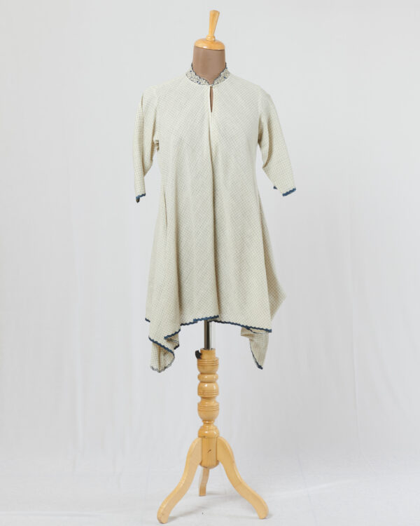 Khadi tunic with thread embroidered collar highlighted with indigo applique and cutwork detail hemline and sleeves
