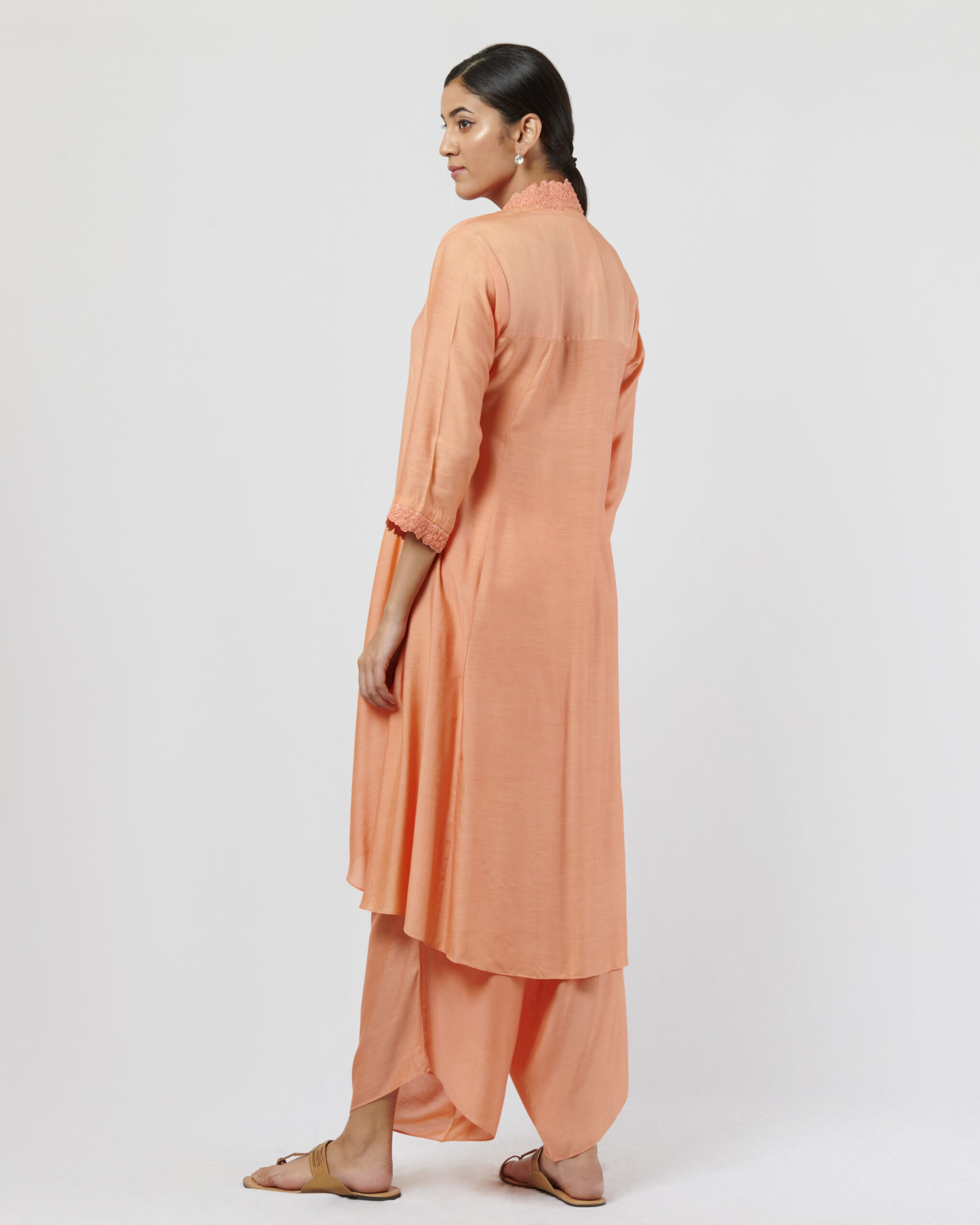 Peach asymmetric tunic with collar and cuff tonal thread hand embroidery