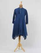 Indigo blue asymmetric dress layered in mulmul with applique and cutwork detail