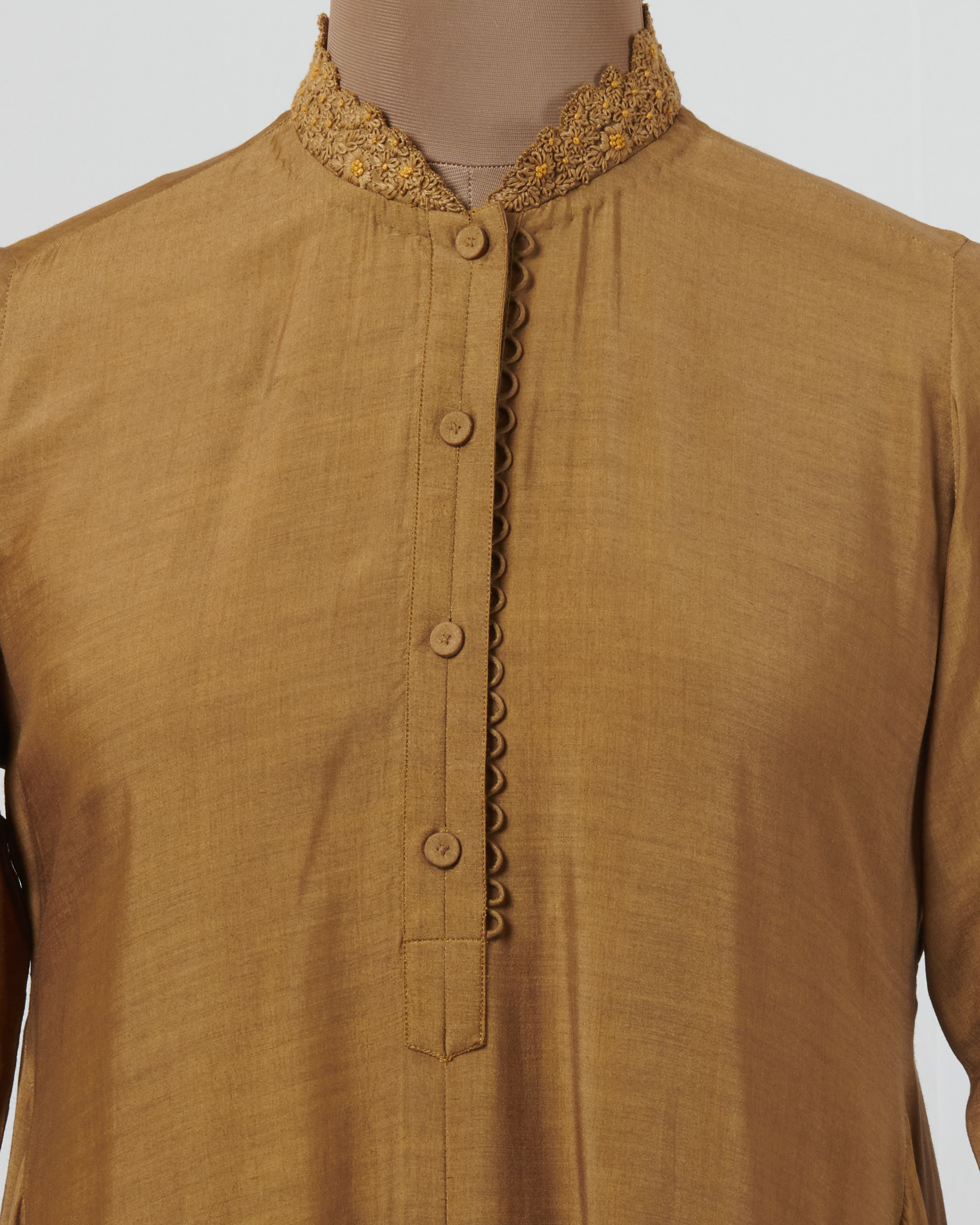 Gold champagne tunic with hand thread embroidered collar and cuff details