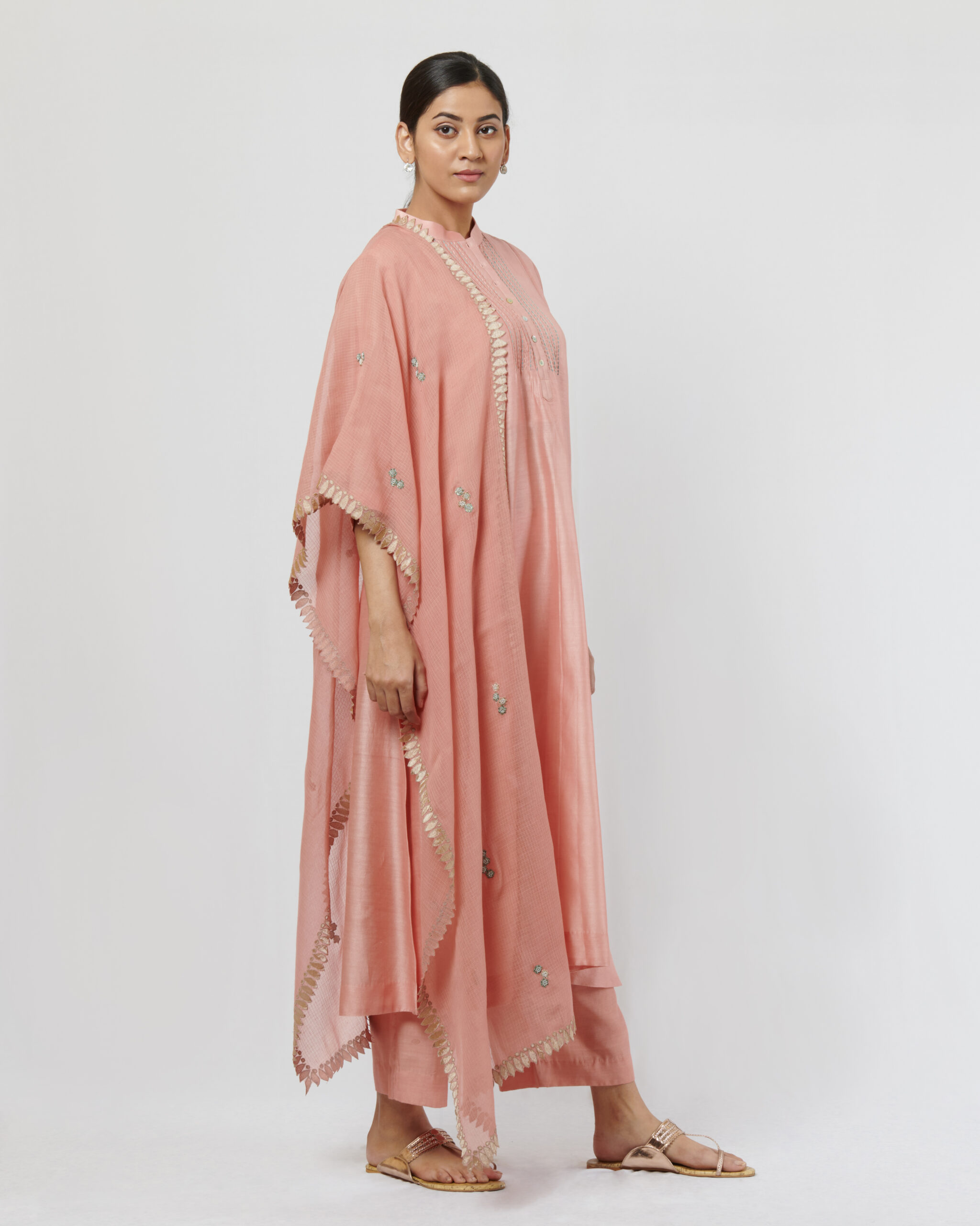 Vintage pink chanderi kurta with kota crush pants and kota dupatta