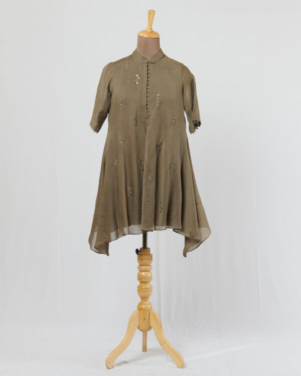 Asymmetric hemline tunic with thread and silver metal sequins embroidery details