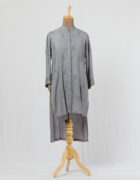 Grey tussar staple high low tunic with thread hand french knot butis all over the front of the tunic and applique detail on the sleeves