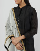 Black chanderi kurta with mother of pearl button placket detail