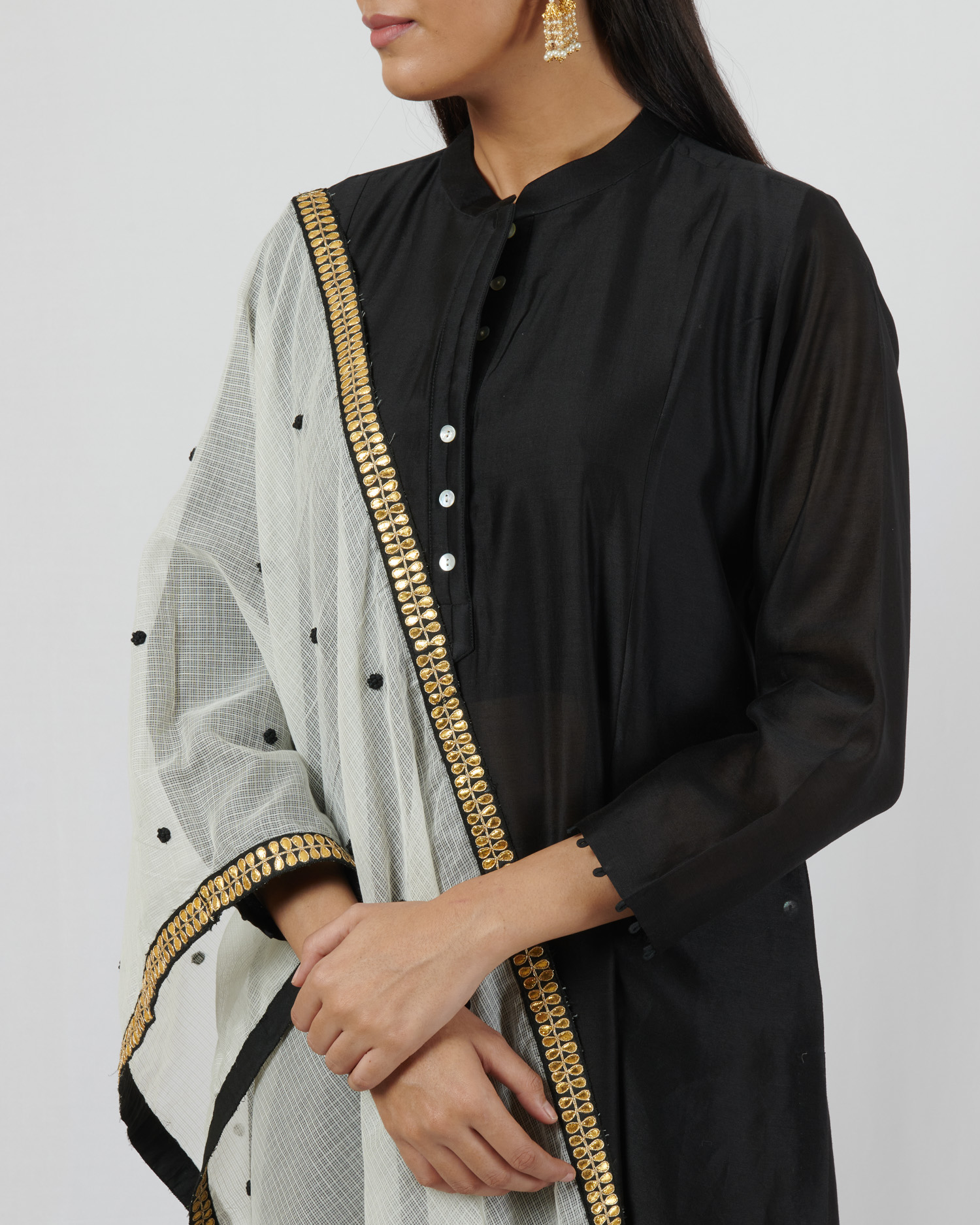 Black chanderi kurta with mother of pearl button placket detail