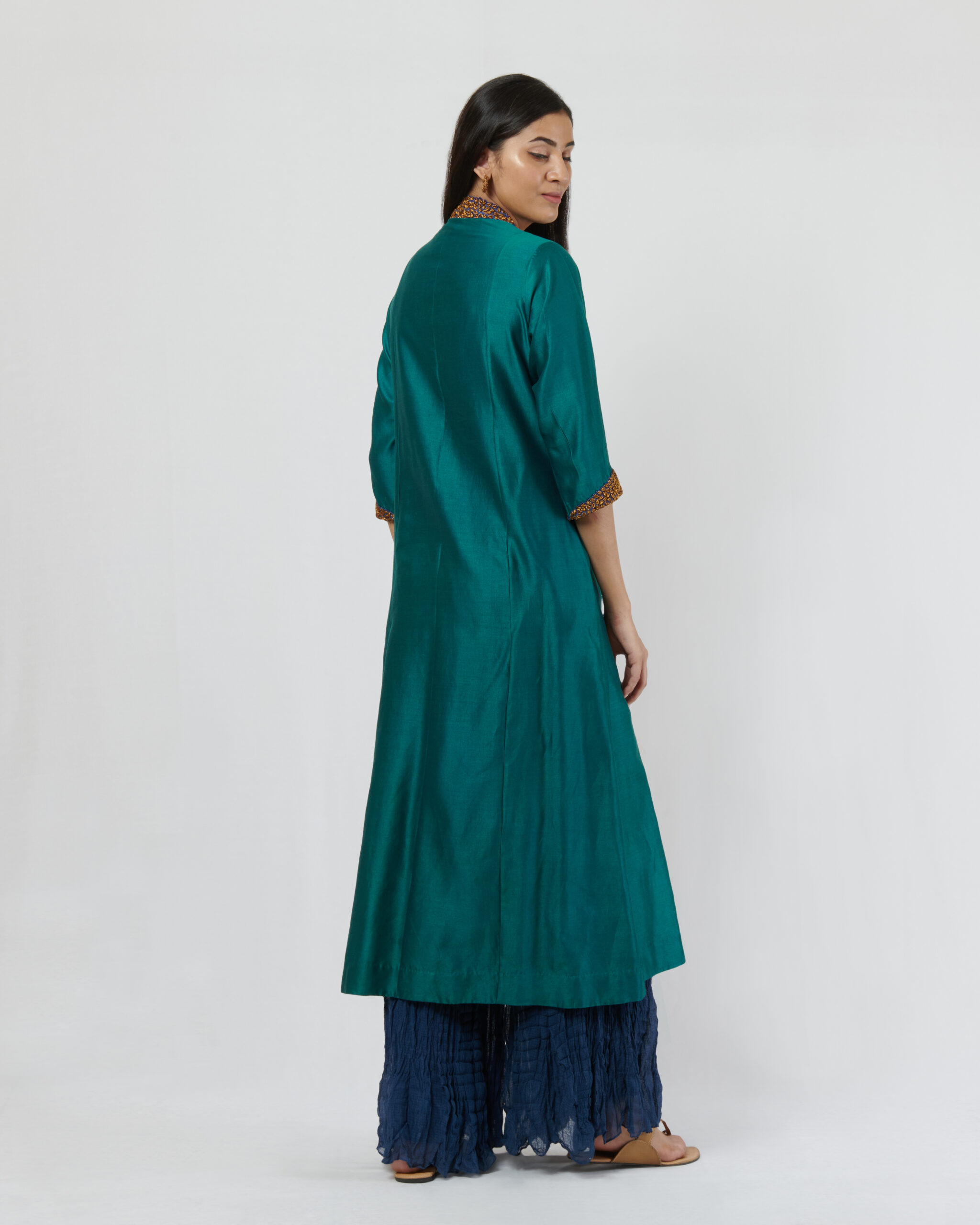 Peacock green chanderi kurta with antique zardozi hand embroidered collar and cuff