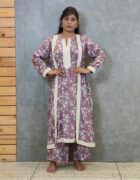 "wine floral print jacket with sleeveless inner and striaght pant