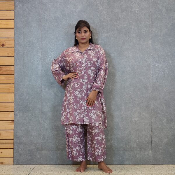 wine floral print shirt with striaght pant