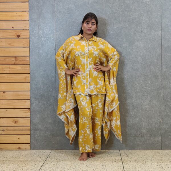 yellow floral print kaftan top with striaght pant