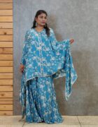 blue floral print cape top with flair pant