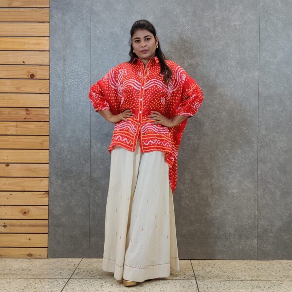 red gajji silk shirt top with ivort kalidar pan