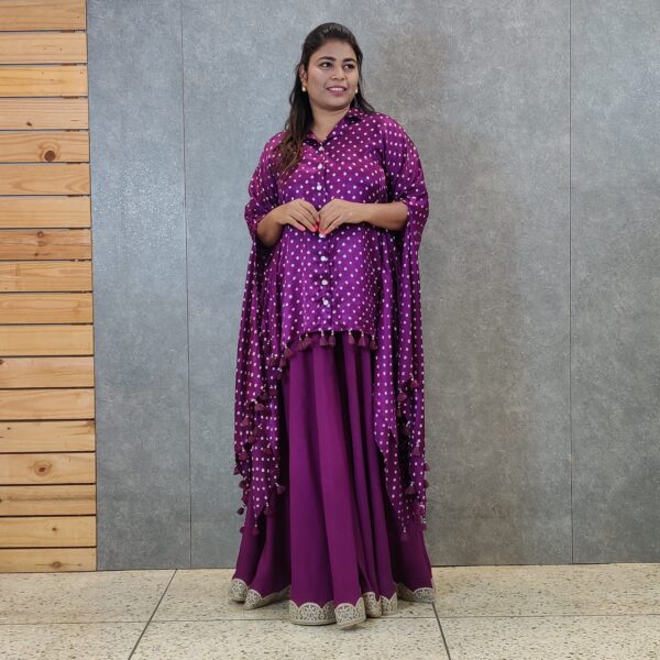 wine gajji silk kaftan top with spun divided skirt