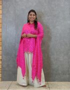 pink gajji silk kaftan top with ivory flared pant